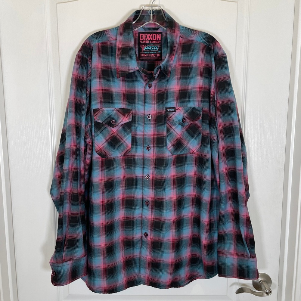 Dixxon Flannel Co Shreddy D-Tech Shirt Pink Teal Black Plaid Skater Gorpcore XL